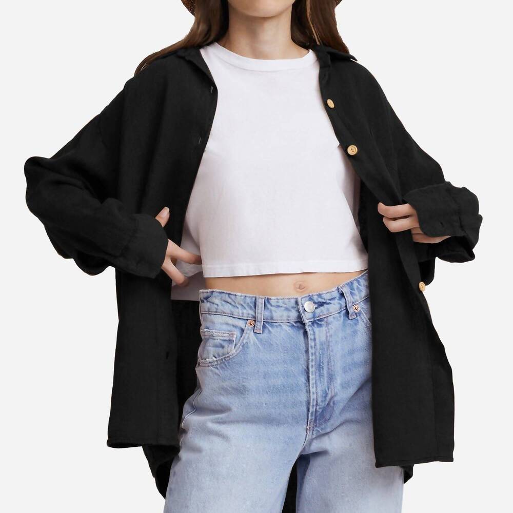 NEW MATE linen oversized long sleeve shirt in black